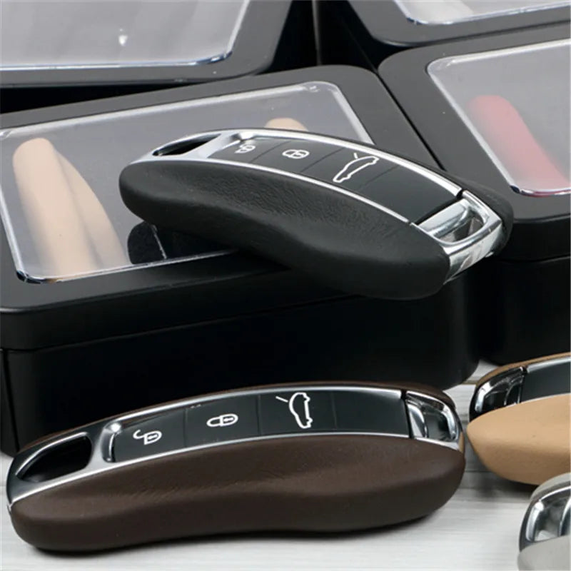 Leather Key Cover Set for Porsche Cayenne Panamera 911 Taycan - Black - Panamera2017-2023 Year - image 4